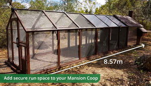mansion chicken coop painted brown with added run extensions