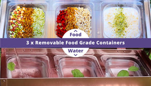 treadle feeder and drinker with containers inside filled with individual treats