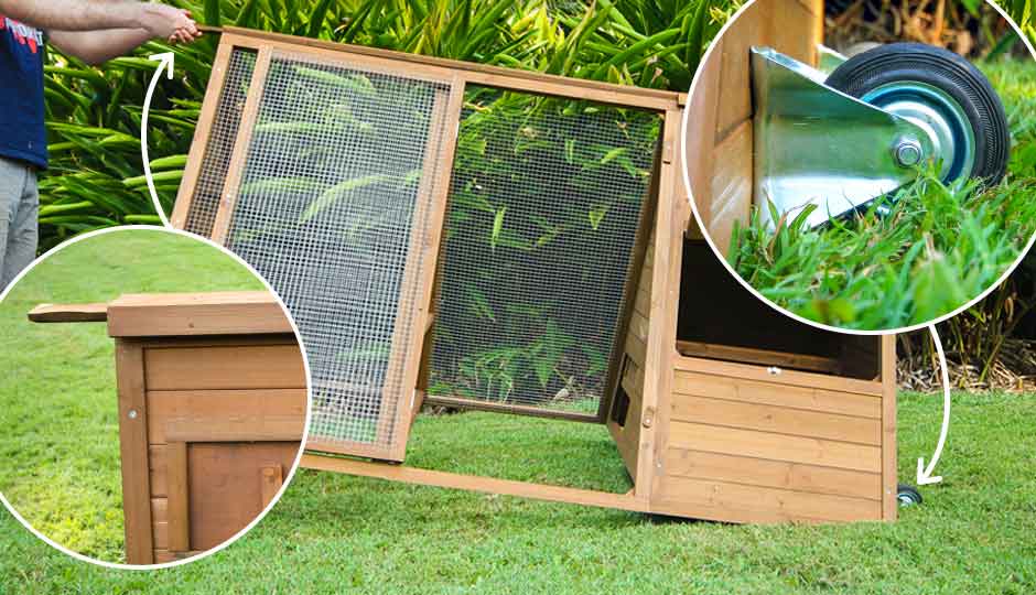 cluck house chicken tractor with wheel and handle details