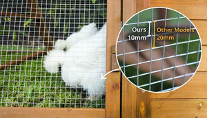 two silkie hens inside cluck house coop with wire mesh protection