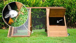 hoppy hotel features large easy access hutch door and run door