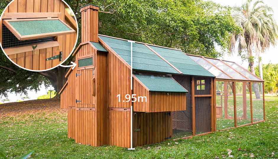 mansion chicken coop with windows for ventilation and high ceilings 