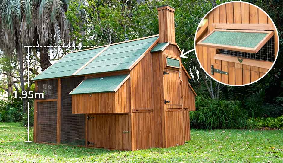chicken coop with ventilation windows and chimney